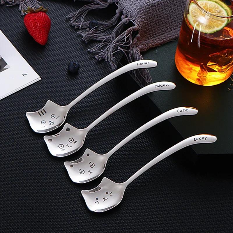 1PCS Funny Tea-Spoon for Coffee Long Tail Cat Coffee Spoon Long Handle Spoon Birthday Gift 304 Stainless Steel Tableware