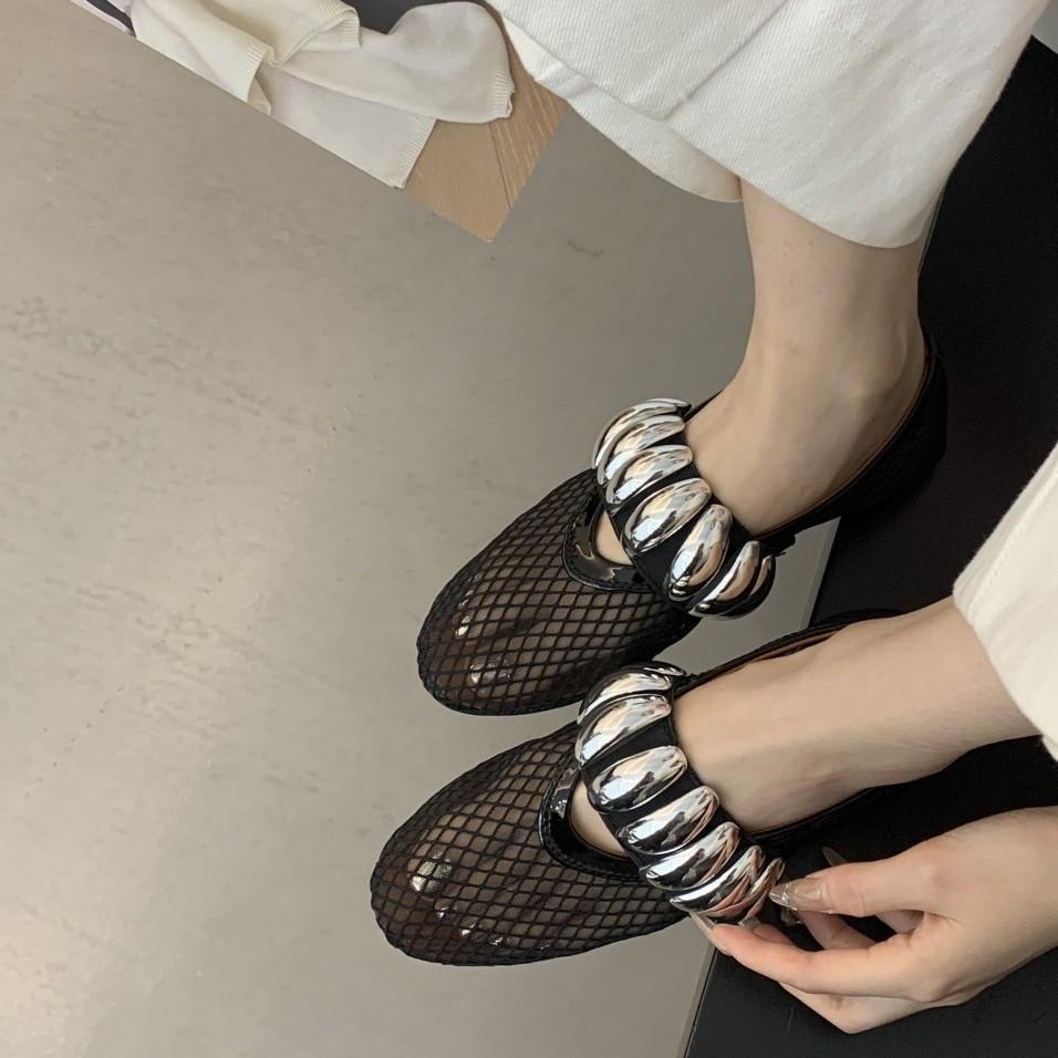 Design Sense Niche Mesh Flat Mary Jane Single Shoes Women's Shoes Ballet Shoes Summer New Roman Shoes French Sandals
