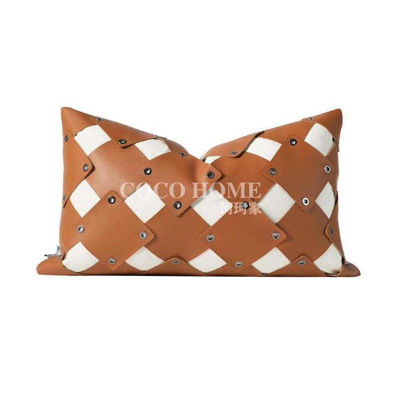 Modern Orange Leather Accent Pillow With Tassel Trim Geometric Decorative Cushion Cover Living Room Bedroom Sofa