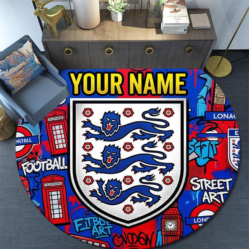 Custom Name,England National Football Team Pattern Round rug,Carpet Rug for Living Room Bedroom Playroom ,Non-slip Floor Mat,Holiday Gifts and Birthda