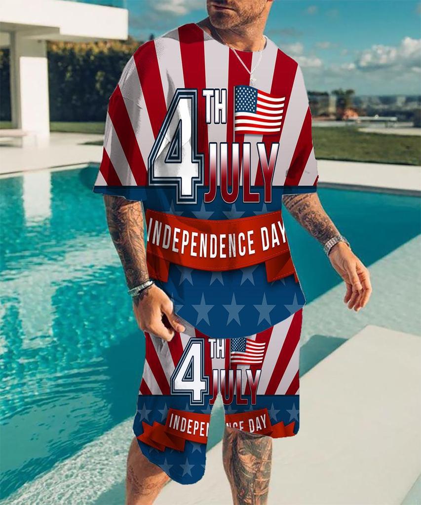 Vintage Style Men's Beach Shorts Set 3D USA Flag Print Short Sleeve T-shirt+Shorts 2 Pcs Set Summer Oversized Tracksuit Suit