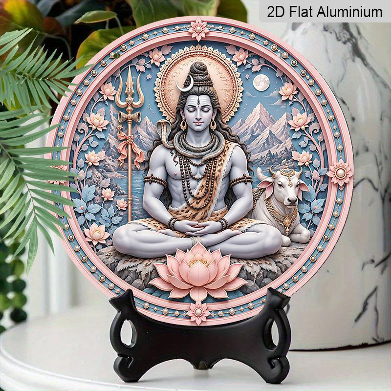 2D Flat, 1pc Round Aluminum Hanging Sign, Soft Pink Blue Pearl Frame Lord Shiva Nandi Bull Trishul Pink Lotus Full Moon Mountain Print, Maha