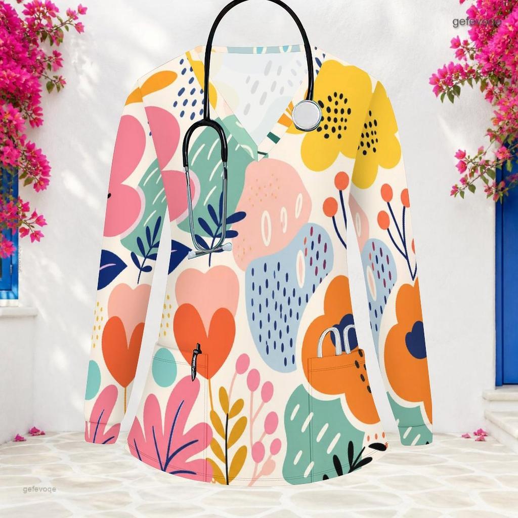 Aquarell-Blumenprint V-Ausschnitt Langarm Damen Krankenschwester Arbeitskittel Weich Atmungsaktiv Medizinische Gesundheitsversorgung Arbeitsbluse Mit Taschen