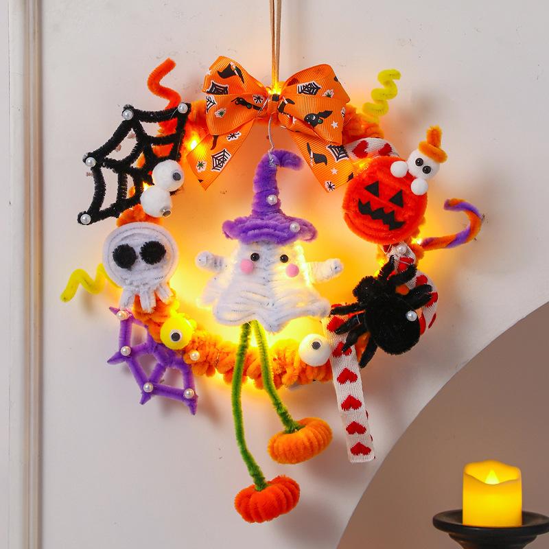 Halloween Wreath with Lighted Pumpkin Lantern, Glowing Door Hanging Decoration Props for Store Party Scene Atmosphere Layout