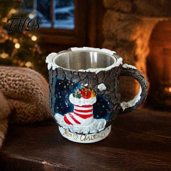 Christmas Mug Decorations Theme with Stainless Steel Liner, 3D Relief Hand Creative Holiday Gifts Painted Resin Coffee Cup, Decorative Drinkware