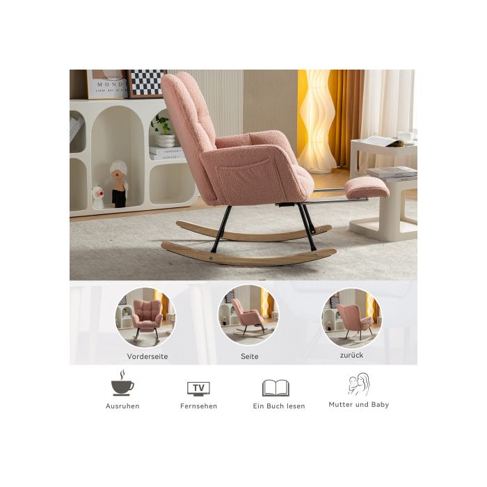 Nouveau fauteuil à bascule moderne avec rembourrage et tissu peluche, avec repose-pieds extensible, rose