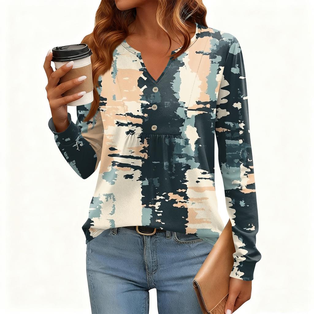 Γυναικείο Χαλαρό, V-λαιμόκοψη, Ρετρό Χρώμα, Μπλοκ με Φλοράλ Σχέδιο, Μακρυμάνικο Πουλόβερ T-shirt