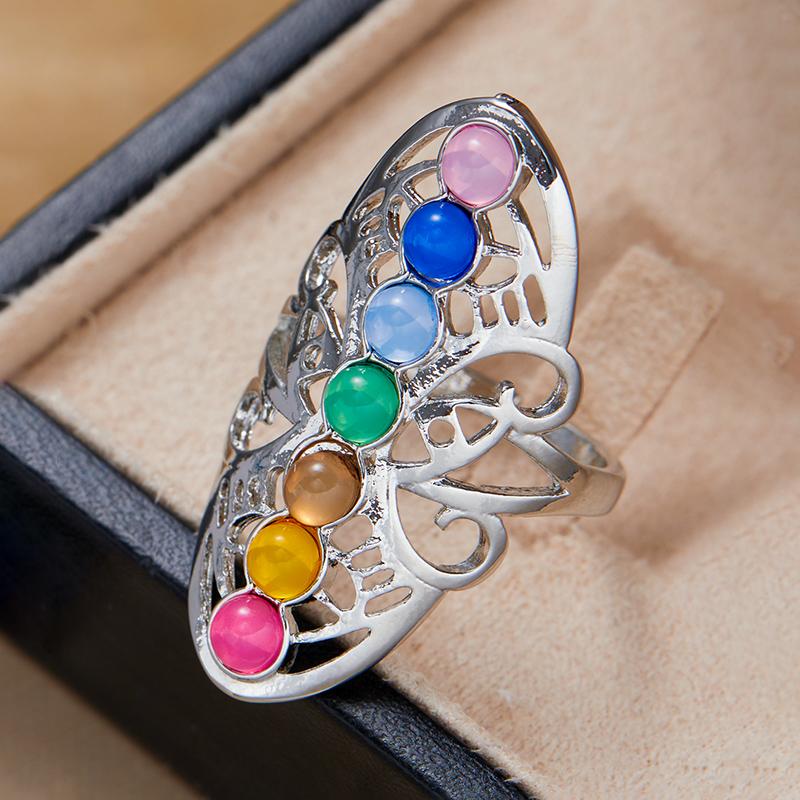 7 Chakras Beads Rings for  Vintage Hollow Silver Color Plated Yoga Tiger Eyes Stone Adjustable Open Ring Boho Ethnic Jewelry