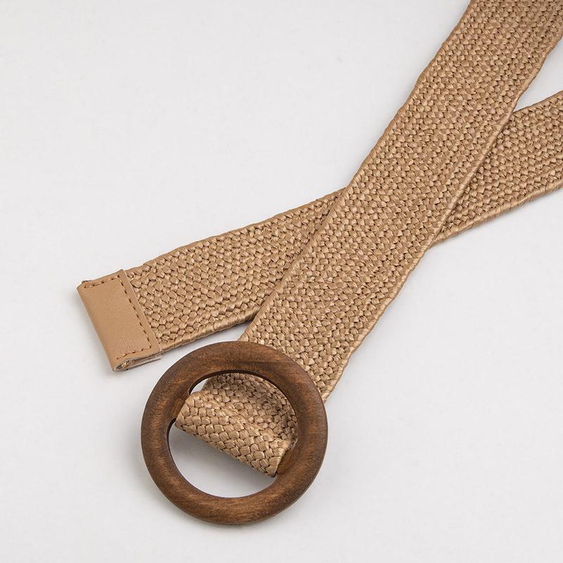Bohemian-style Belt with Round Wood Buckle, Natural Country Stretch Pp Grass, Natural Women's Belt, Versatile Vacation Belt