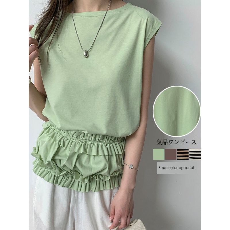 Cross-Border Japanese and Korean New Arrival Fruit Green Stripes Round Neck Ruffles Tight Wrapped Chest Belt Two-Way Sleeveless T-shirt for Women