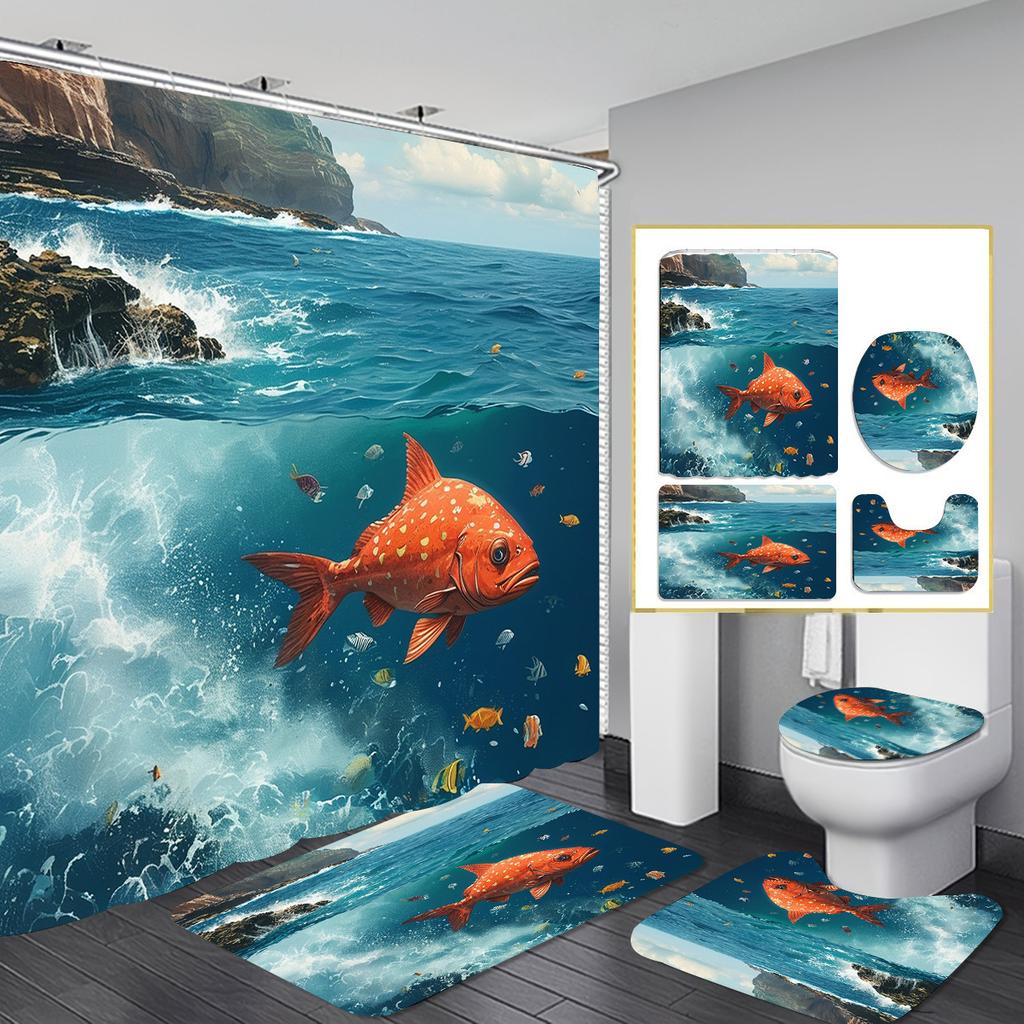 Christmas Shower Curtain Four-Piece Non-Punching Partition Curtain Digital Printing Bathroom Dress