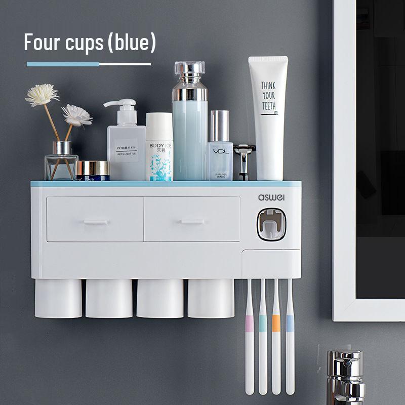 Drawer-Style Wall-Mounted Toothbrush Holder Set with Magnetic Suction Mouthwash Cup