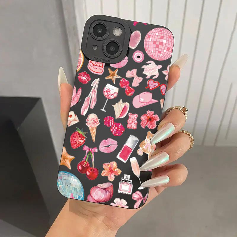 Sparkly Crystal Ball Pink Bow Cherry Pattern Case For  Poco F6 F5 X5 M6 X7 Pro Mi 15 14T 13T Pro 14 13 12 11 Lite NE Cover