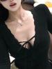 Elegant Spicy V-Neck Lace Patchwork Long-Sleeve Top for Women - Autumn/Winter