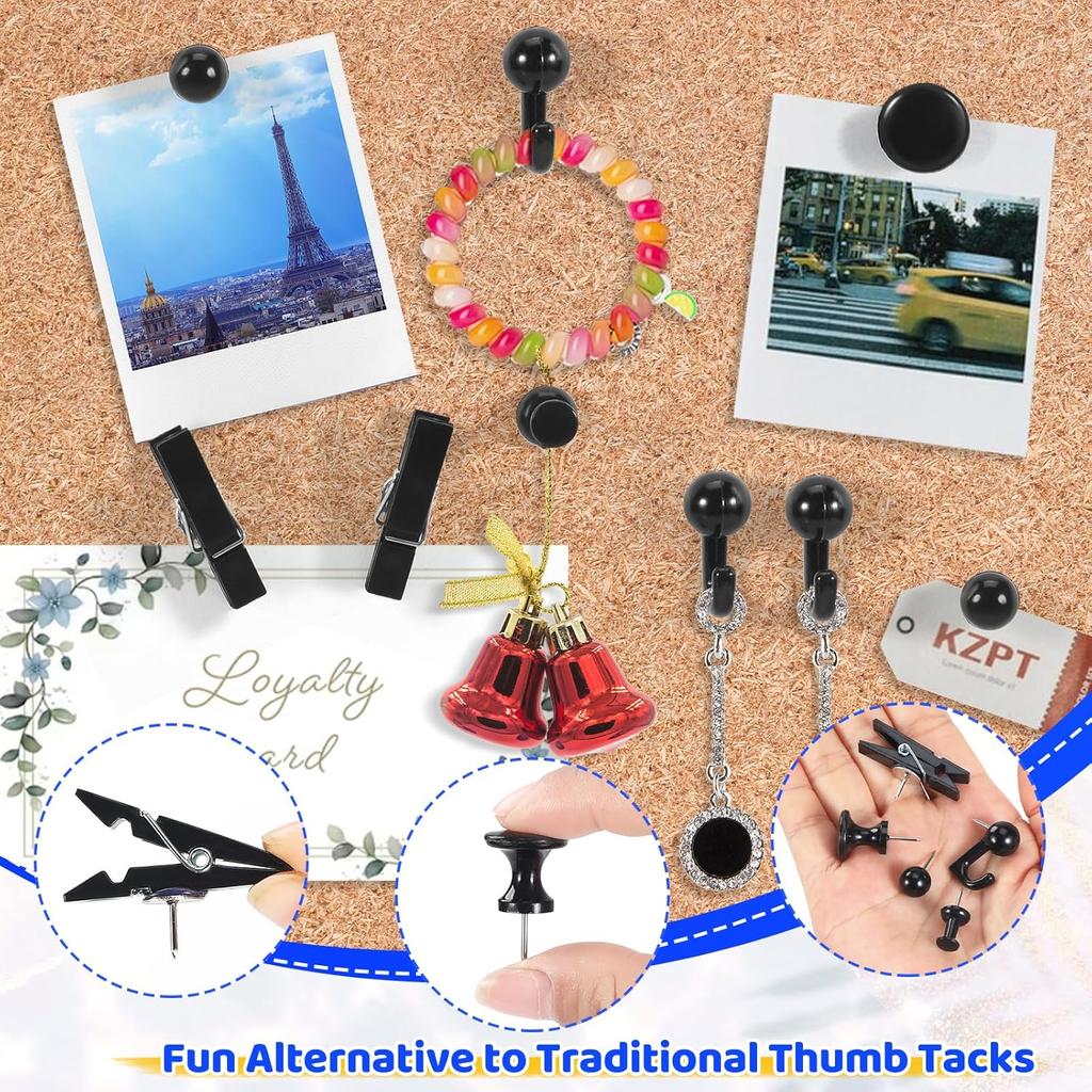 240Pcs Black Push P,5 Style Thumb Tacks, Black Plastic Push P for Bulletin Boards, Cork Board,Wall,Cork Board Accessories, Office Home Supplies