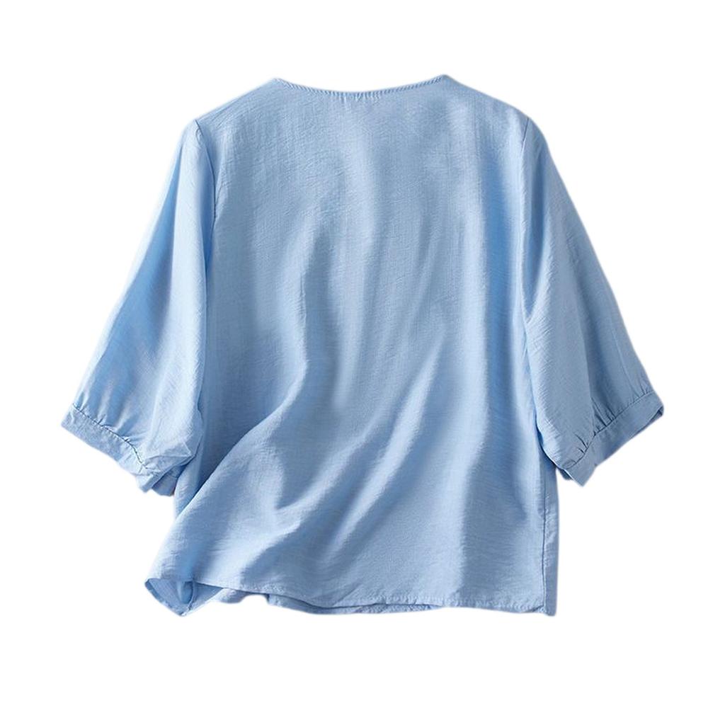 Women's Vintage Inspired Loose Fit Mid-Sleeve Cotton Linen Blend Embroidered Top