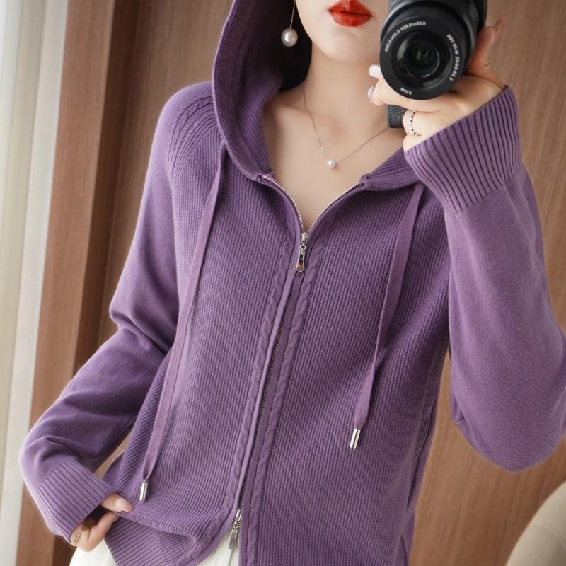 Autumn Sweater Cardigan Women's Wool Hoodie Double Zipper Hooded Sweater Jacket