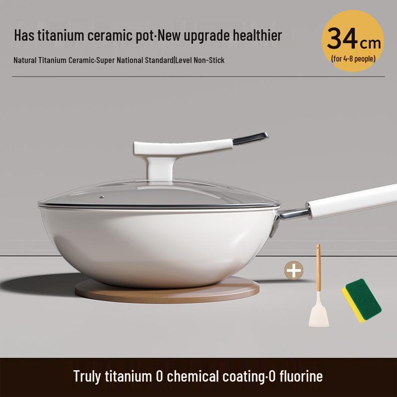 Titanium Ceramic Flat-Bottomed Non-Stick Stir-Fry Pan, Milk White, Wear-Resistant and Scratch-Resistant for Kitchen Use