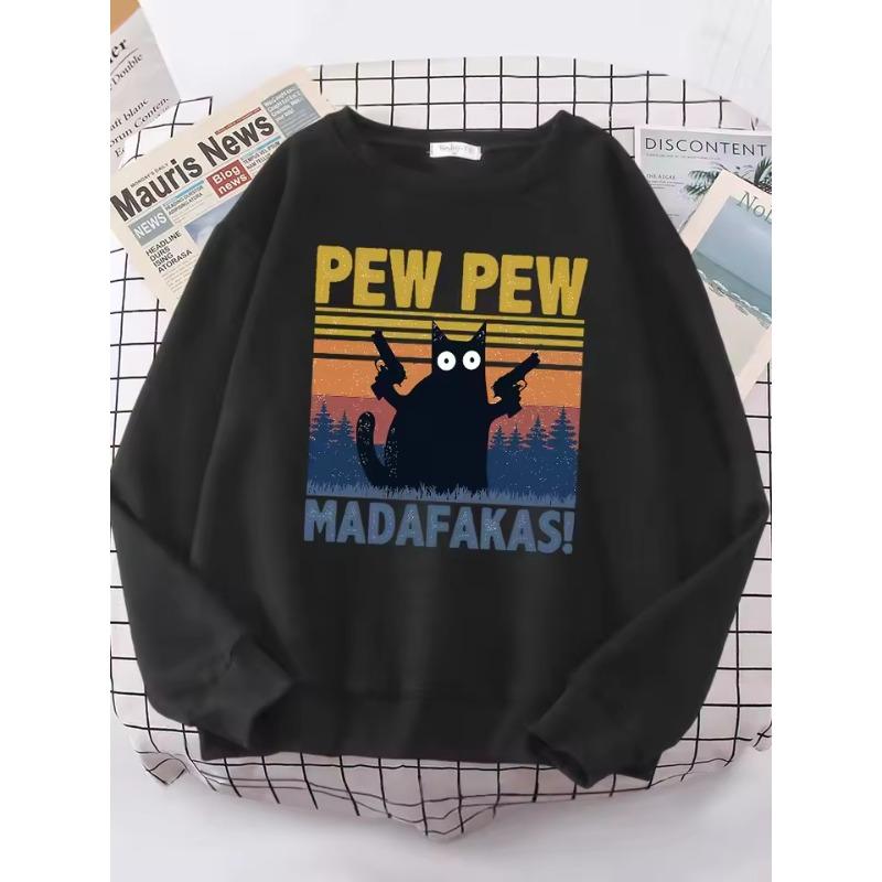 

Cartoons Cat Pew Pew Madafakas Funny Women s Hoodies Fashion All-match Hoodie Warm Fleece Hoody High Quality Clothes L чорний