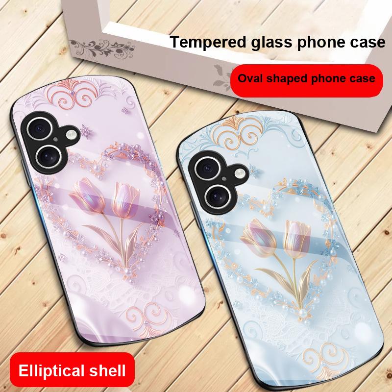 Love's Pink Purple Tulip For iPhone 17 16 15 14 13 Plus 12 Mini 11 Pro Max XR Xs Max X 7 8 6S 22 20 Elliptical Glass Phone Case