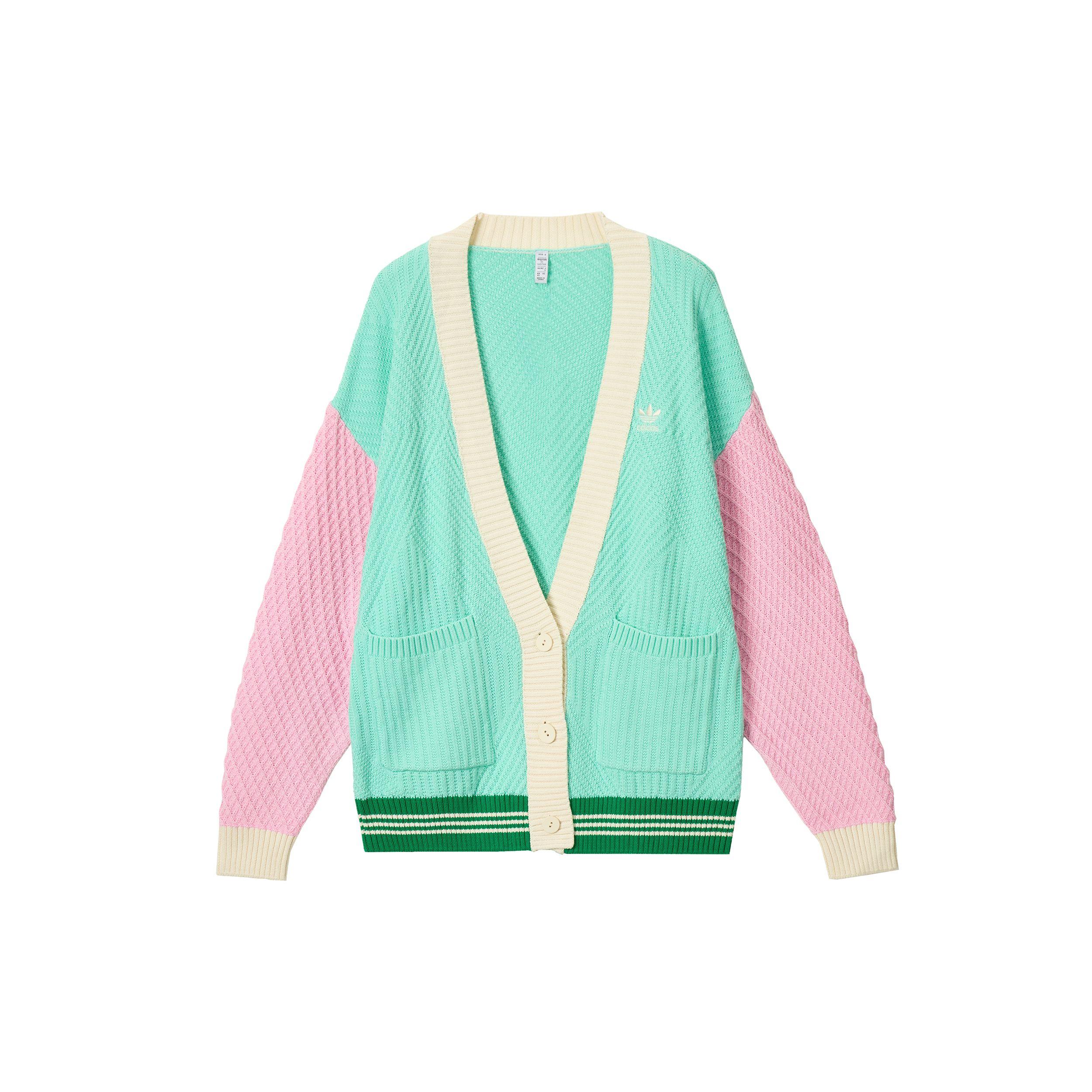 Adidas Originals SS23 Adicolor 70s Ретро Серия Вязаный Кардиган Колорблок Свободный Длинный Рукав Спортивный Трикотаж Женские Кардиганы Простой-Зеленый IK7494 XS