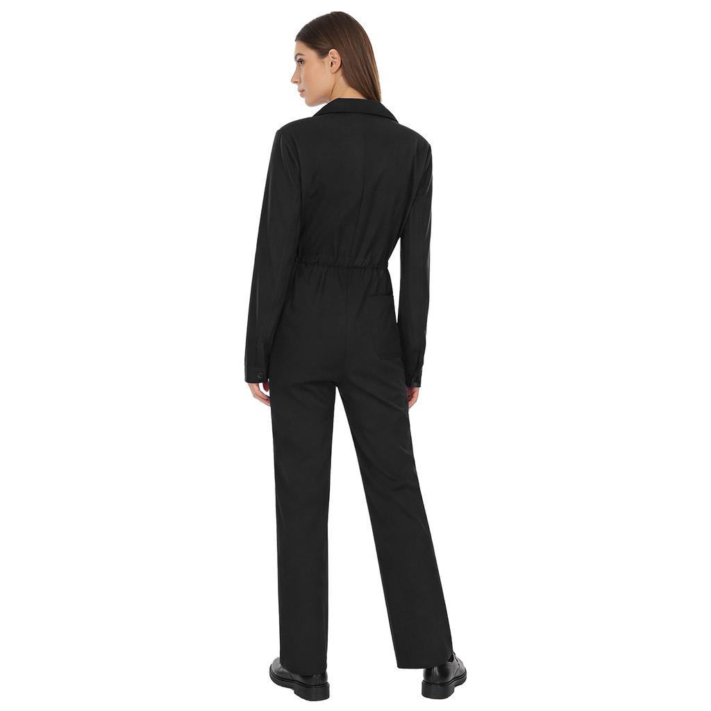 Womens Button Coverall Casual Solid Color Turn Down Collar Long Sleeve Jumpsuit Work Travel Holiday Style