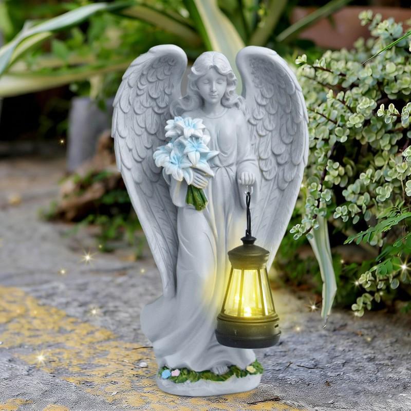 Solar Powered Outdoor Garden Angel Statue With Lantern Decor Yard Patio Villa Lawn Lighting