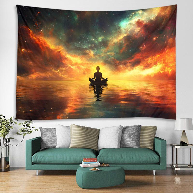Galaxy Sunset Yoga Meditation Silhouette Wall Tapestry Orange Red Cosmic Nebula Water Reflection Starry Sky Zen Bedroom