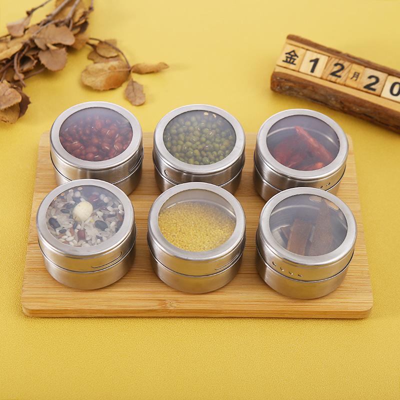 4 Pcs Magnetic Spice Tin Jar Rack Stainless Steel Spice Sauce Storage Container Clear Lid Jars Kitchen Condiment Sprinkle Can