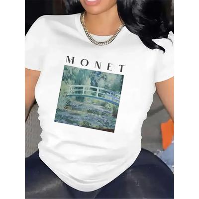 Short Sleeve T-Shirt with Monet Water Lilies Print, 100 Polyester Fabric, Lightweight    Durable, Perfect for Casual Wear At Home or Restaurant