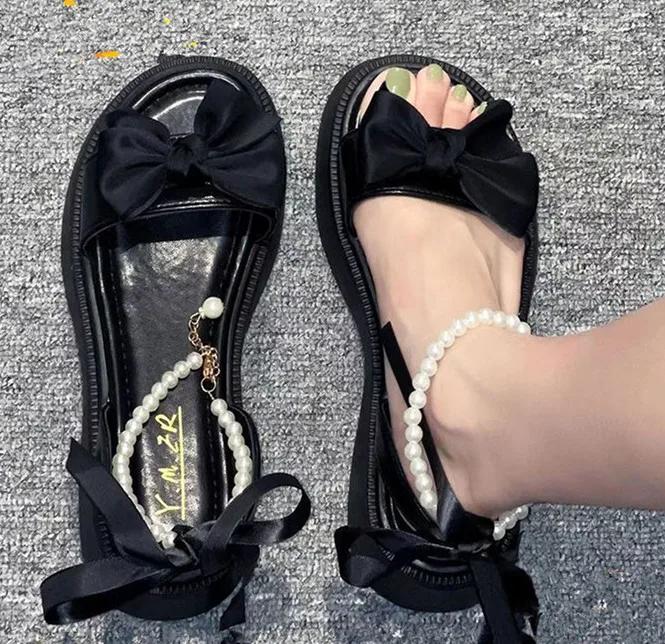 Fashion Comfort Shoes for Women Pearl Sandals Suit Female Beige Increasing Height Block Heels All-Match Black Bow 2024 Fashion Chunky Gi