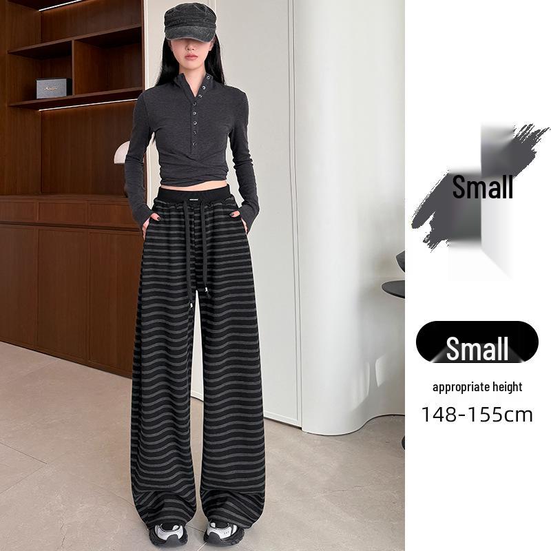 Women's High Waist Gray Striped Wide-Leg Pants - Early Spring 2026 Casual, Slimming, Relaxed Fit