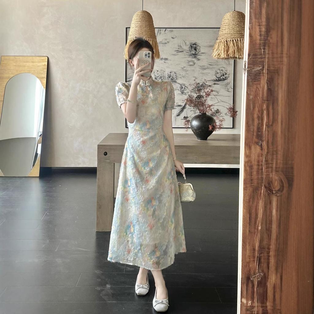 New Chinese floral improved cheongsam dress women's summer gentle temperament waist thin light national style skirt