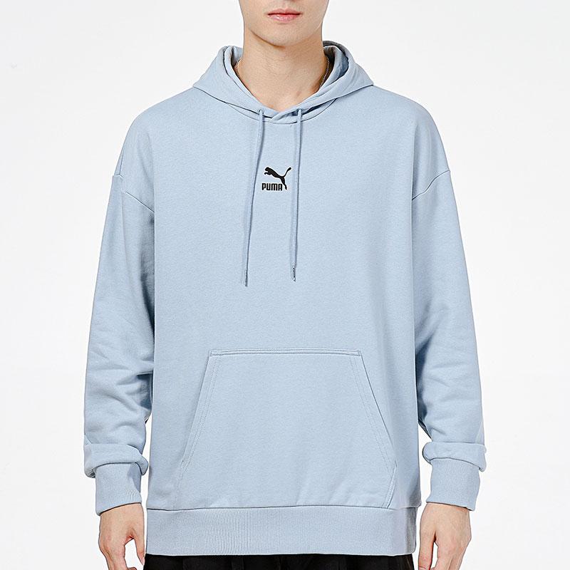 Puma Logo Print Knit Hoodie Men Hoodies Blue 533114-61