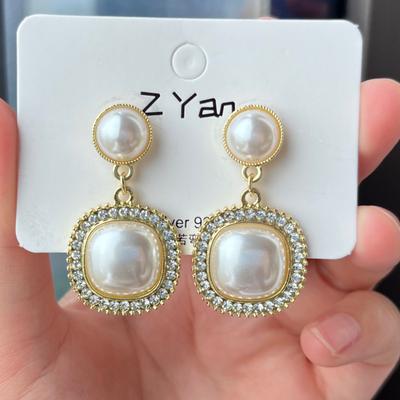 925 Diamond-Set Pearl Geometric Square Earrings French Earrings Fashion High-End Earrings Women