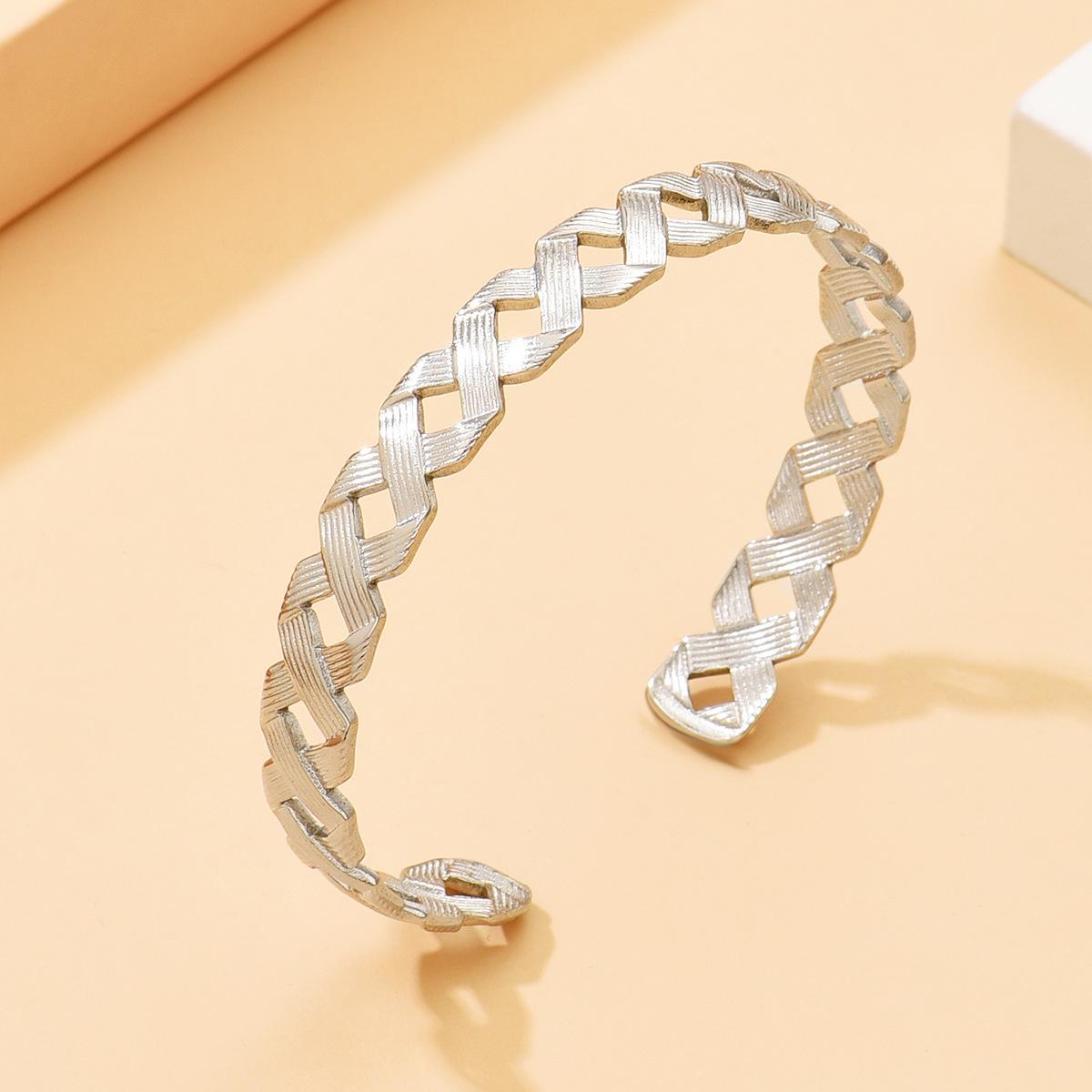 European  American Hollow Weave C-Shaped Stainless Steel Adjustable Bracelet