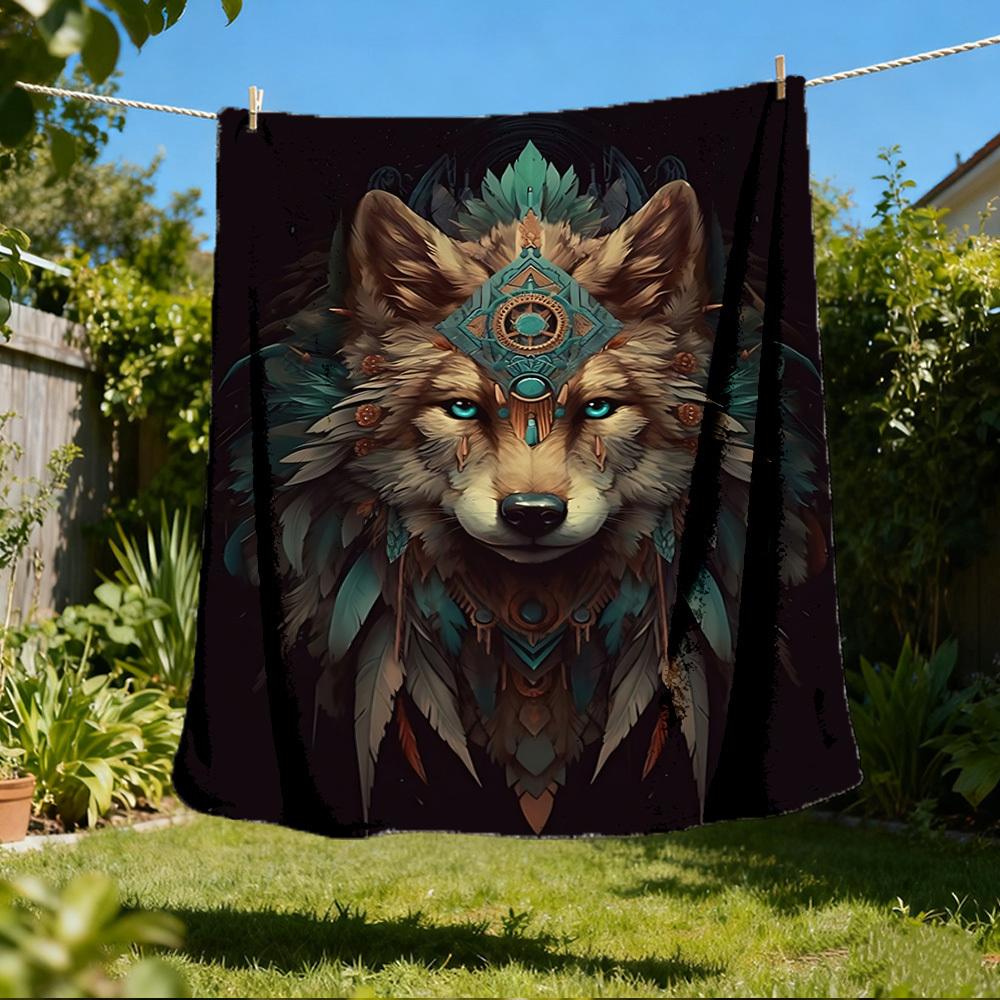 1pc Wolf Spirit Feather Throw Blanket Polyester Fiber, Lightweight Flannel, Soft & Warm, All Season Use for Outdoor, Camping Digital Print