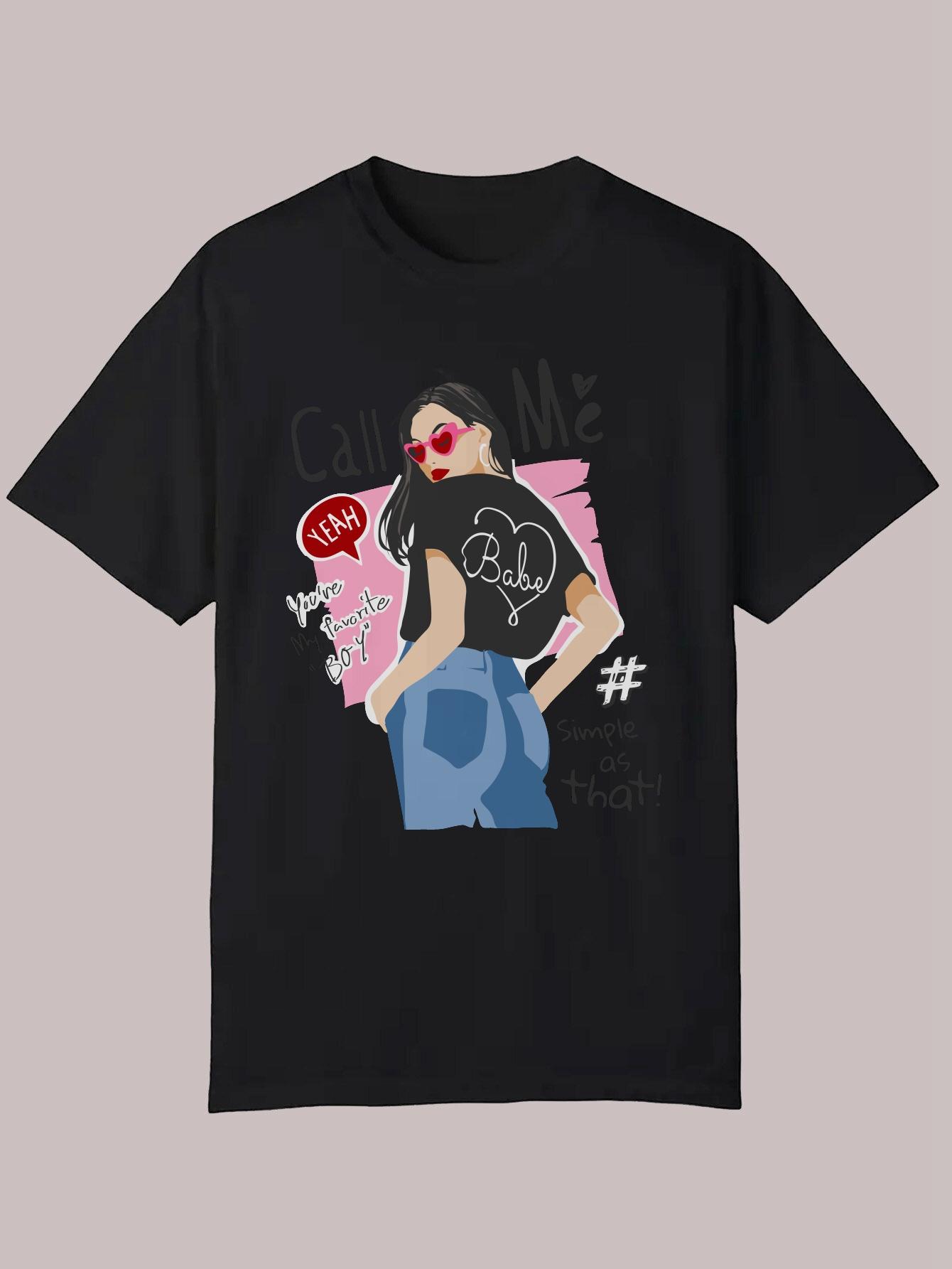 Summer Casual Graphic T-shirt - Black Artistic Portrait with CALL ME Text M