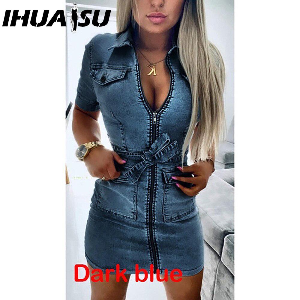 

ИГУАСУ Женское модное джинсовое платье с коротким рукавом на молнии Лето Весна XXL темно-синий