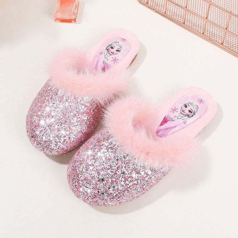 Elsa Winter Plüsch Prinzessin Baumwoll Hausschuhe für Mädchen – Rutschfest, Geschlossene Zehen, Warme Komfortschuhe
