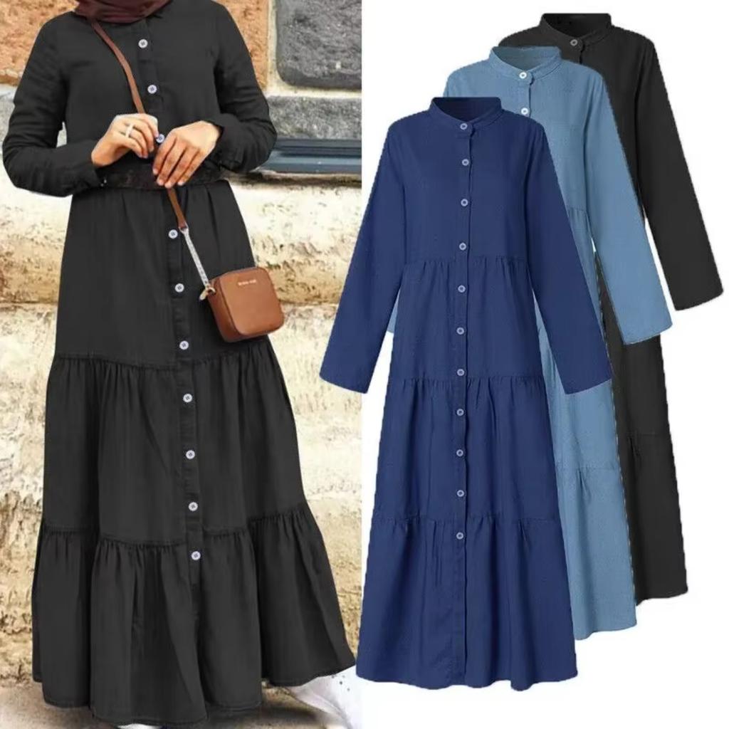 New Women's Casual Washed Solid Color Dress Round Neck Commuter Style Fashion Single Breasted Splicing Long Dress 5XL