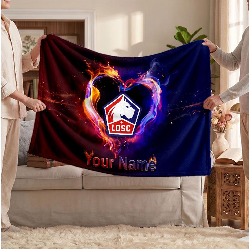 LOSC Lille FC Personalized Fleece Blanket With Football Logo, Custom Name Text Soft Warm Home Throw Blanket