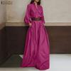ZANZEA Elegant Women Stand Neck Puff Sleeve Buttons Slim Waist Casual Loose Long Pleated Dress