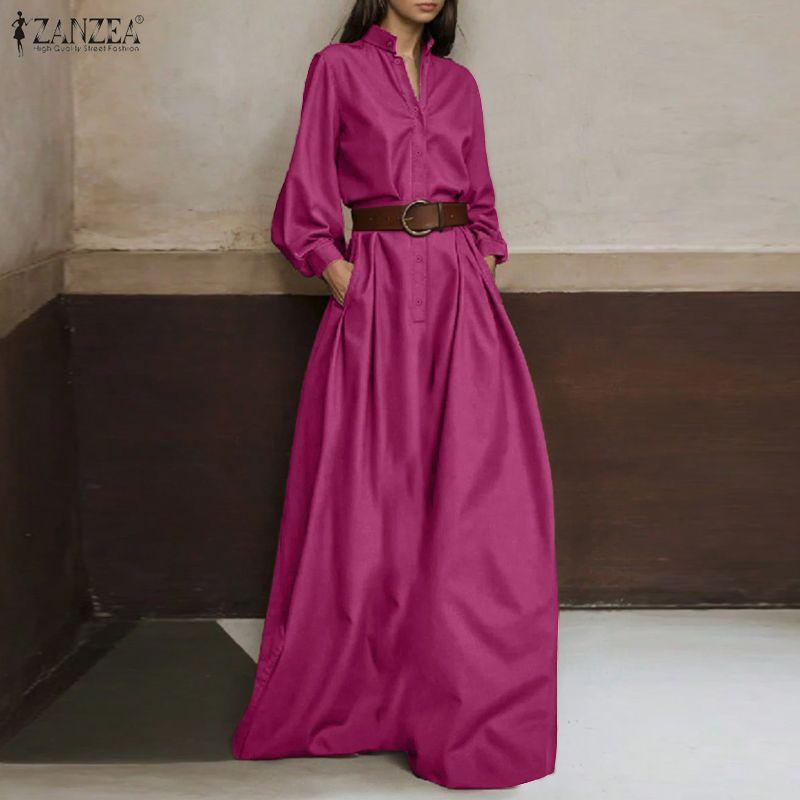 ZANZEA Elegant Women Stand Neck Puff Sleeve Buttons Slim Waist Casual Loose Long Pleated Dress