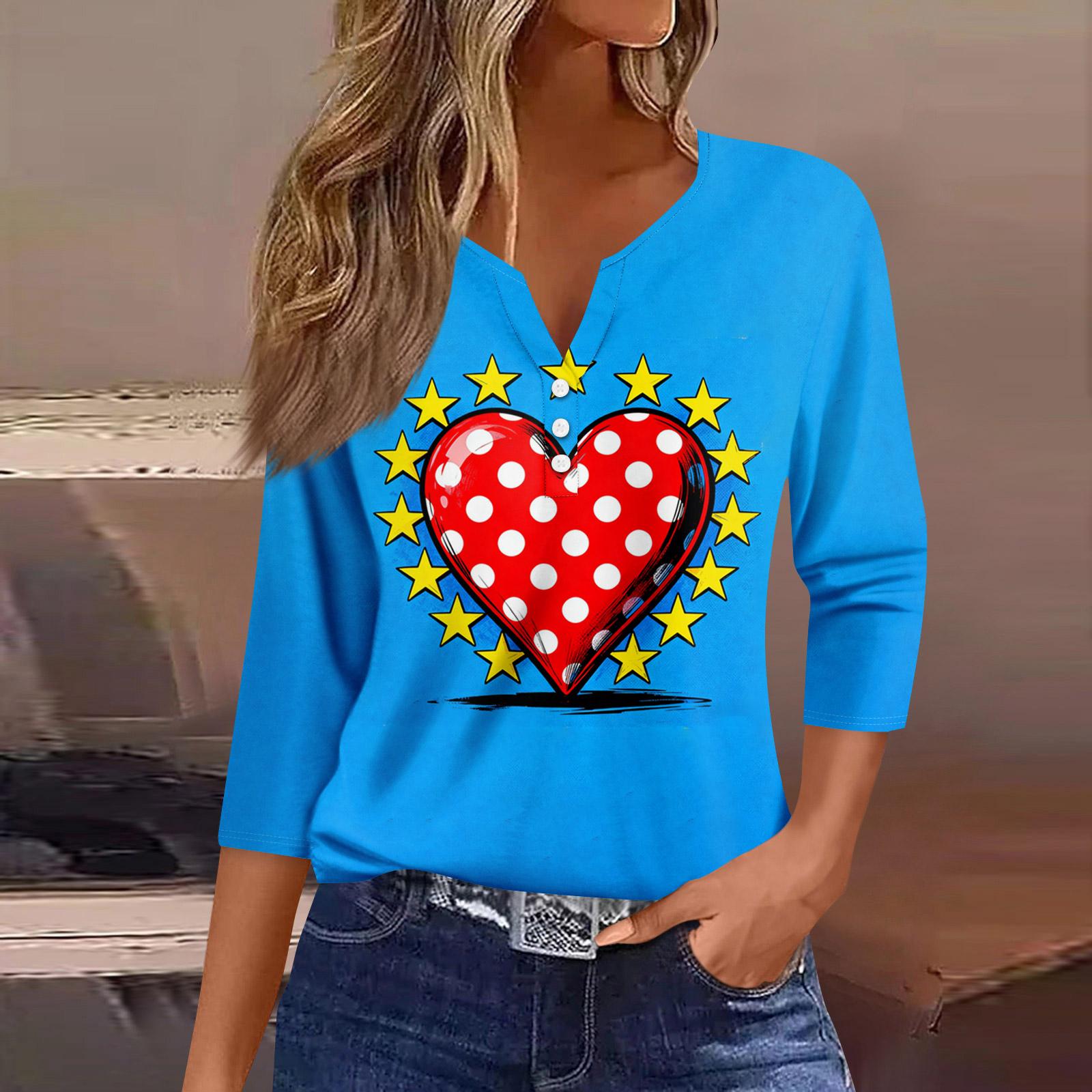 

Women s Fashion Button-Up V-Neck Three-Quarter Sleeve Valentine s Day Print Top XXXL синий