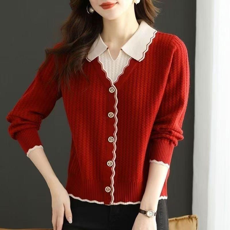 Pull pour femme Automne/Hiver Mode Pull de base court tricoté Col POLO Pull rouge