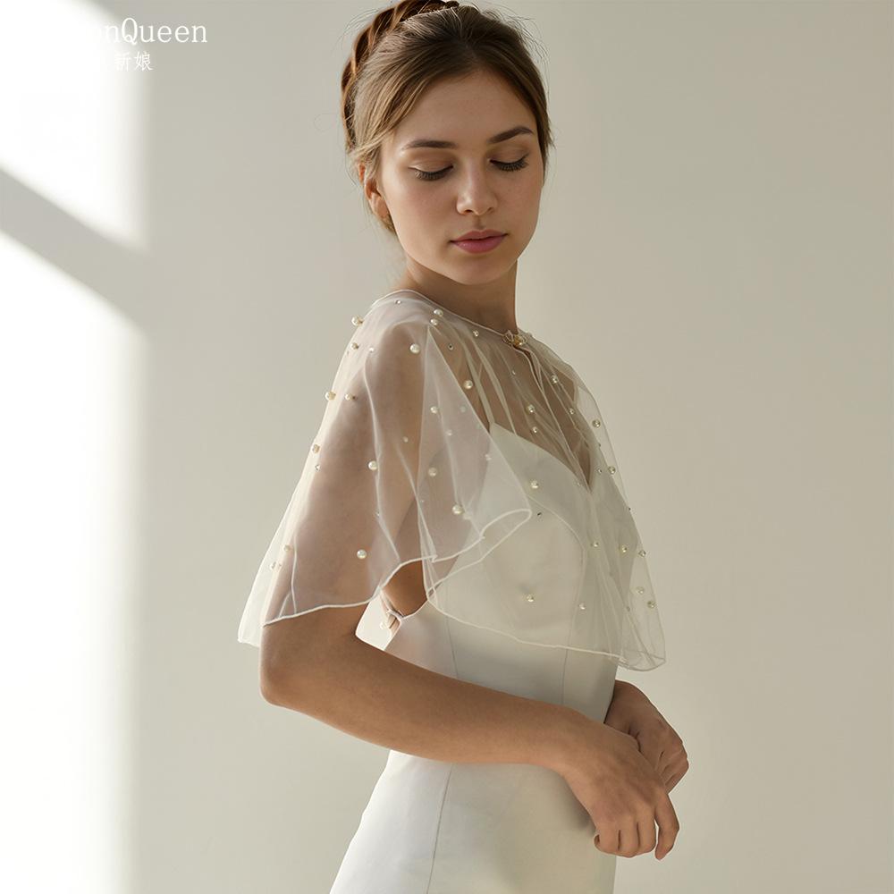 Pearl Beaded Sheer Tulle Cape Shrug, Round Neck Front Pearl Clasp Short Flare Sleeve Mesh Cover Up for Strapless Wedding Bridal Evening Gown
