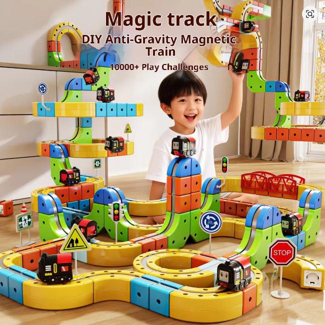 62/105/167PCS Magic Cube Magnetic Versatile Building Blocks Train Track Car Electric Anti-Gravity Children's Magnetic Track Car