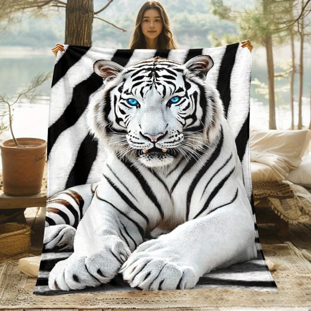 Custom White Tiger Blanket Personalized Name Big Cat Fleece Throw Soft Warm All Season Home Decor Gif