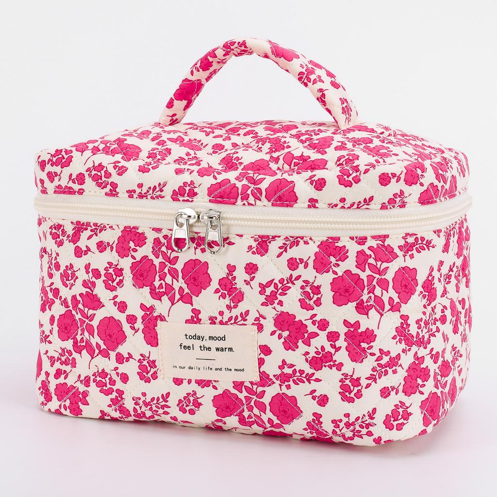3Pcs Cute Quilted Cosmetic Bag with Pen Case Quilting Storage Bag Floral Printed Adorable Padding Skincare Pouch Ladies Trip Bag